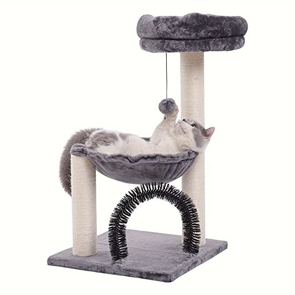 Gray 27.8-Inch Cat Tree with Plush Basket, Top Perch, Scratching Posts, Grooming Arch and Hanging Ball — image 2