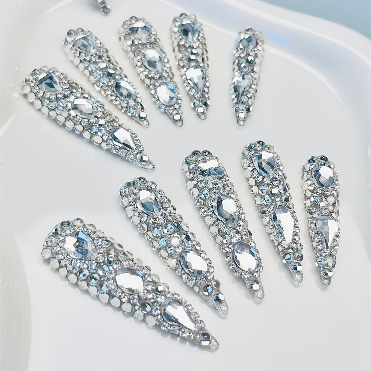 Press On Nails 10-Piece Extra-Long Pointed Almond Set with Silvery Rhinestones — image 1