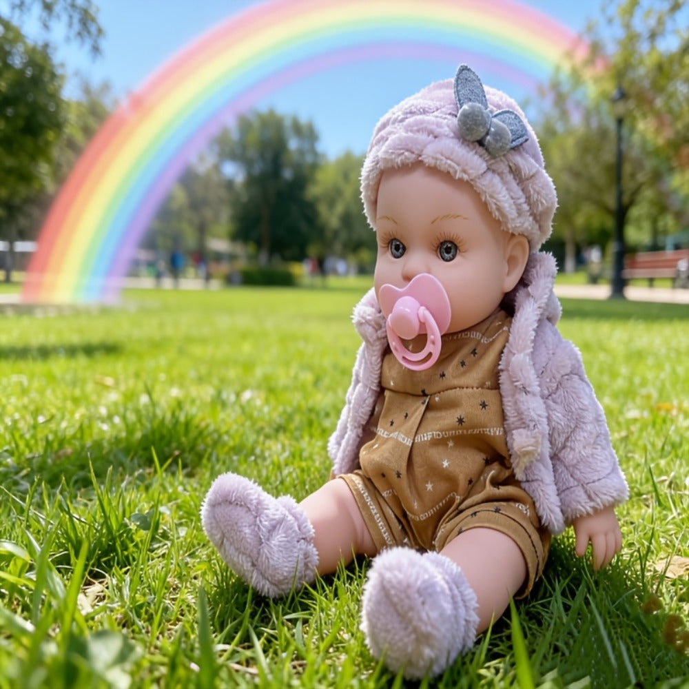 Pink Baby Doll with Open-Eye Face, Pacifier and Textured Outfit Across Three Checkout Style Labels — image 2