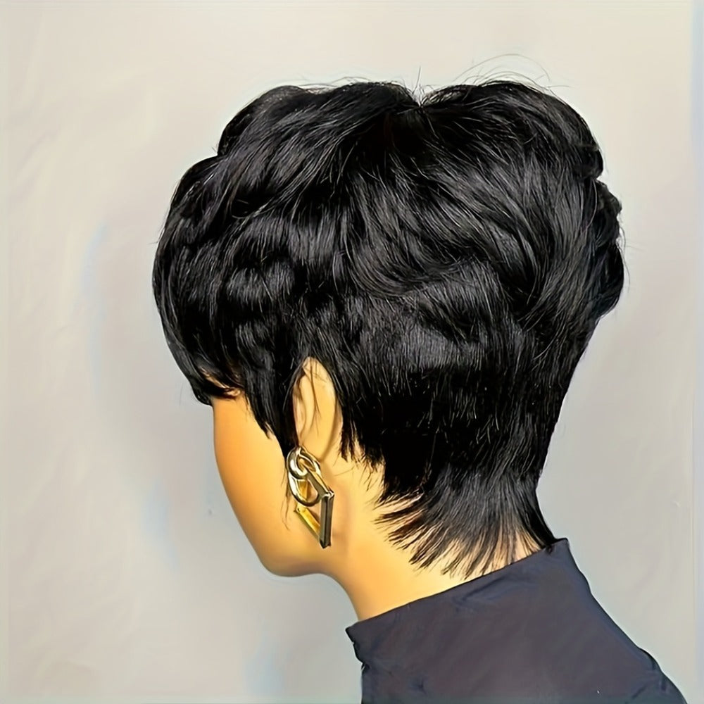 Straight Pixie Human Hair Wig with Bangs, Black 6-Inch Length and Approximately 22.5-Inch Cap — image 9