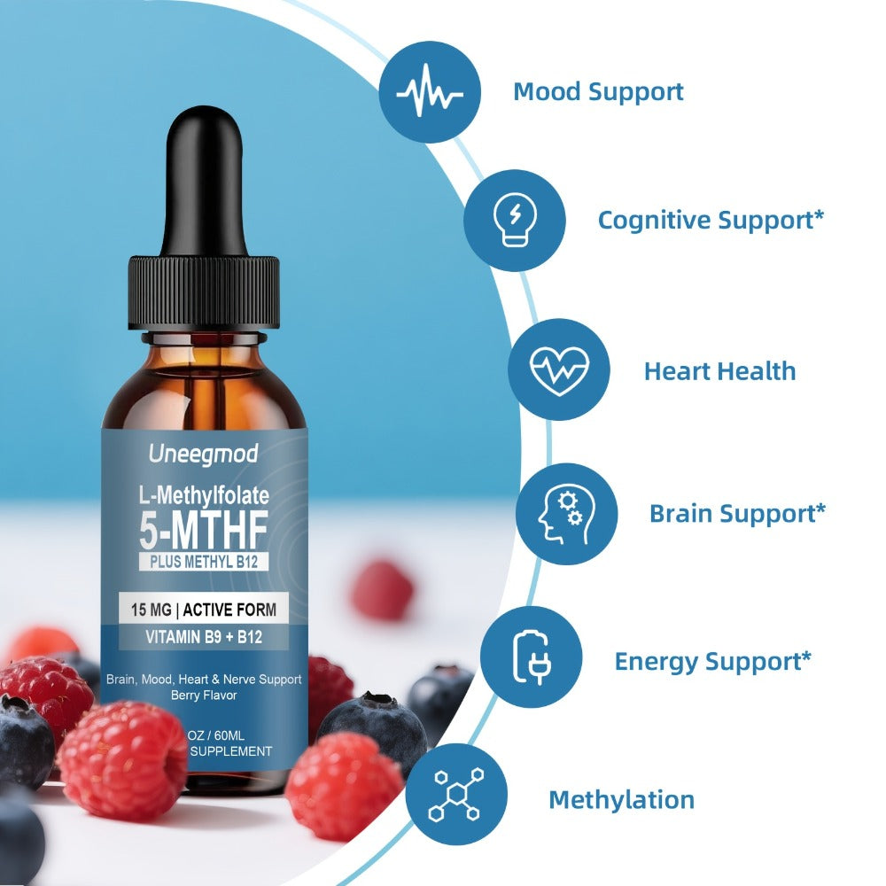 L-Methylfolate 15mg Liquid Drops 2fl oz with Methylated B12, Active 5-MTHF for Brain, Heart & Nervous System Health — image 4