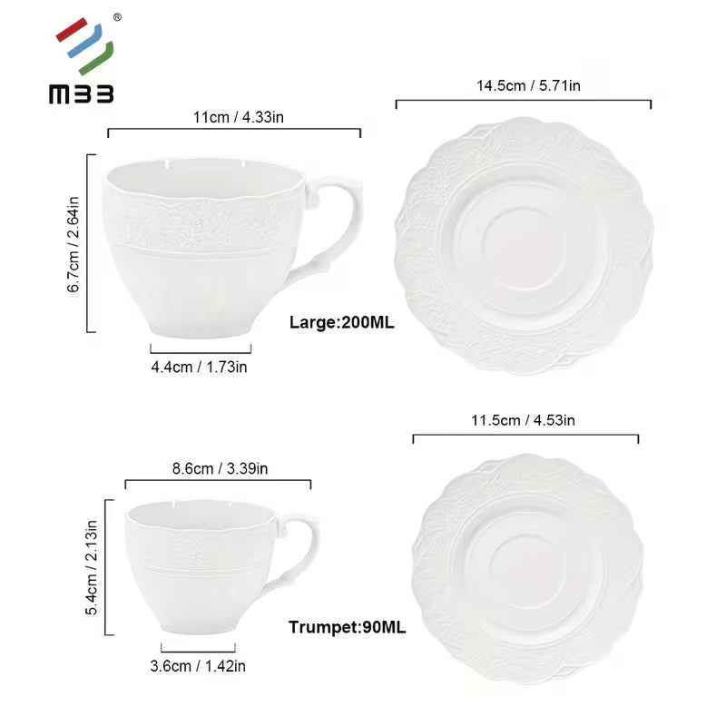 12-Piece Embossed New Bone China Coffee Cup and Saucer Set
