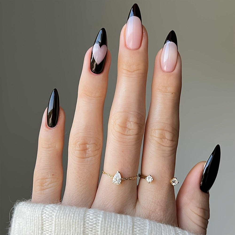 Press On Nails 144-Piece Short Almond Set with Pink Flowers, Rhinestones, Black French Tips and Glue — image 9
