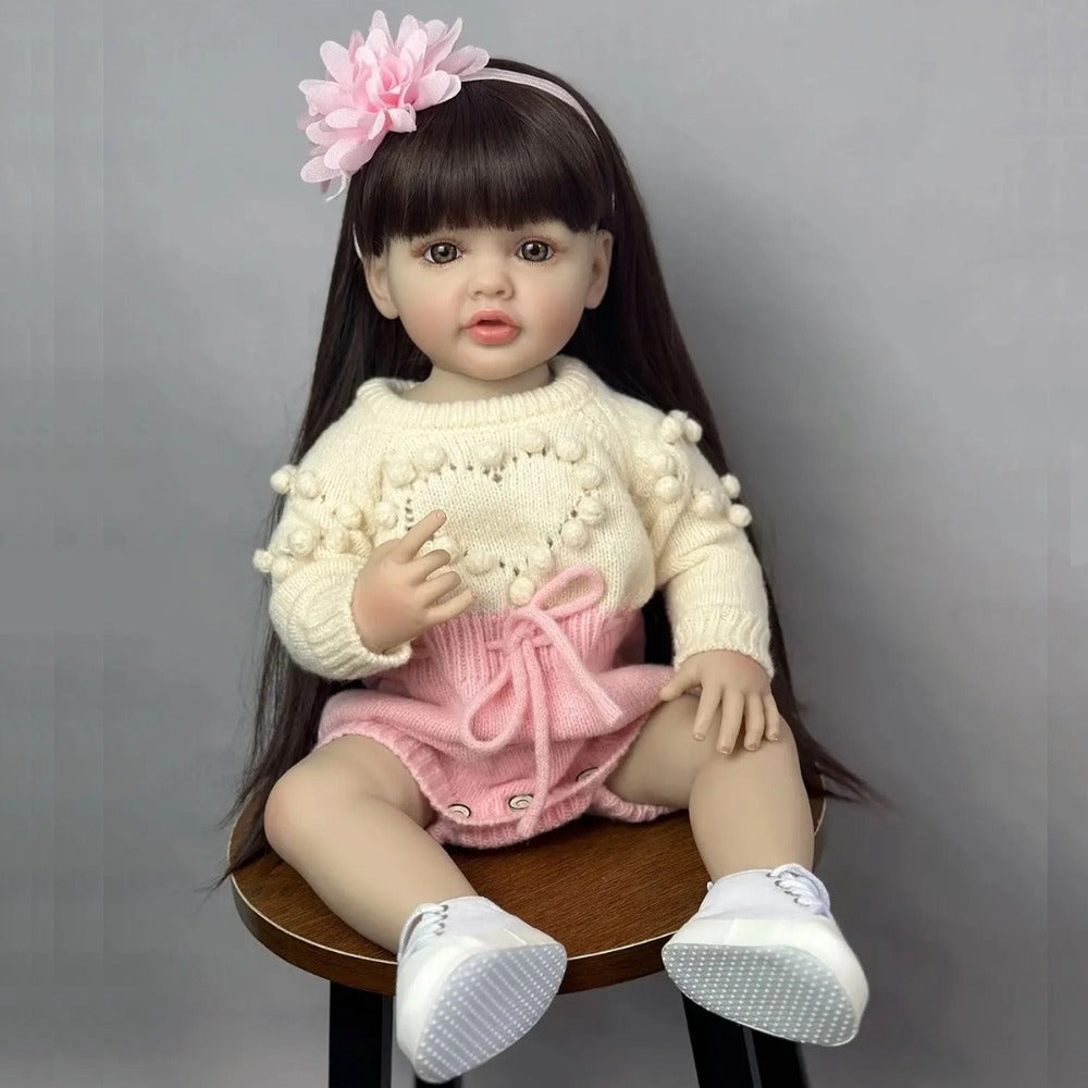 Reborn Baby Doll 22-Inch Full Vinyl Seated Design with Long Dark Wig Hair, Acrylic Eyes and Outfit Set — image 3