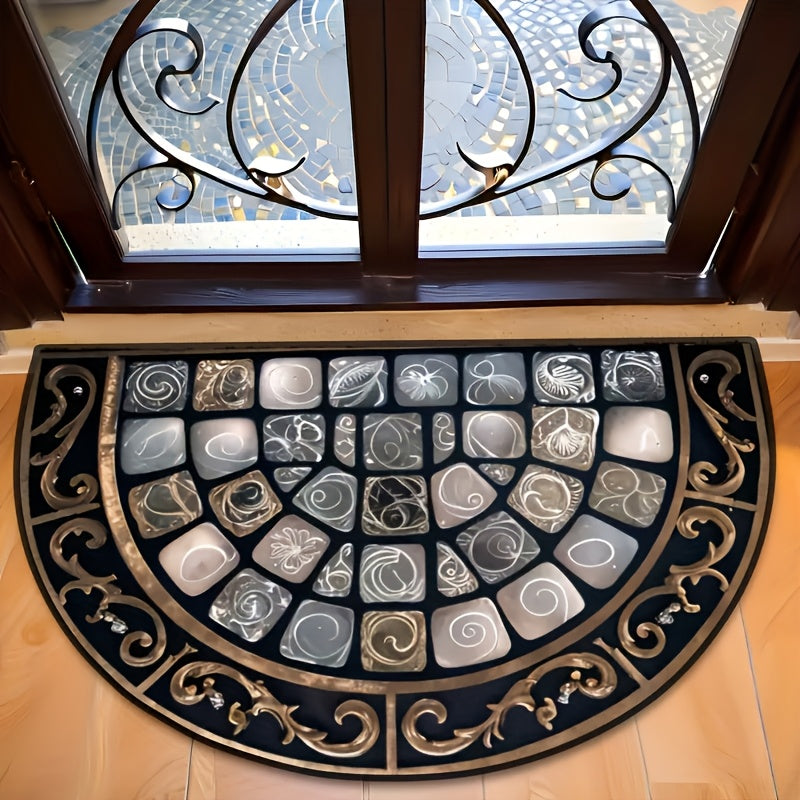 Half-Round Door Mat with Stone Mosaic and Scroll Print in 50 x 80cm or 60 x 90cm Entryway Sizes — image 3