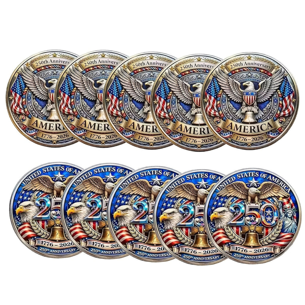 US 250th Anniversary Commemorative Coins 1776-2026 Set of 10 – America 250 Collectible Coins with Dual Historical Patterns — 