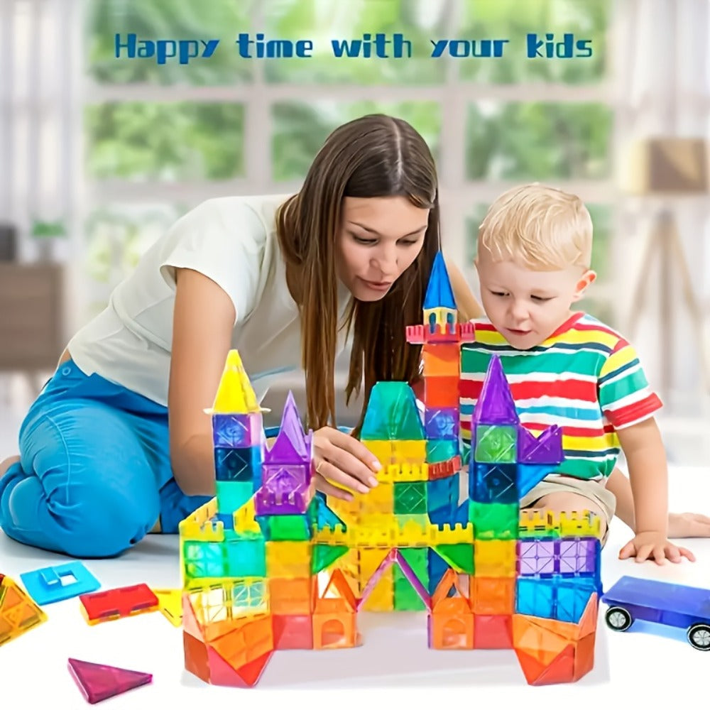 Magnetic Tiles 120-Piece Translucent Castle Building Set with Two Rolling Car Bases and Multicolor Shapes — image 6
