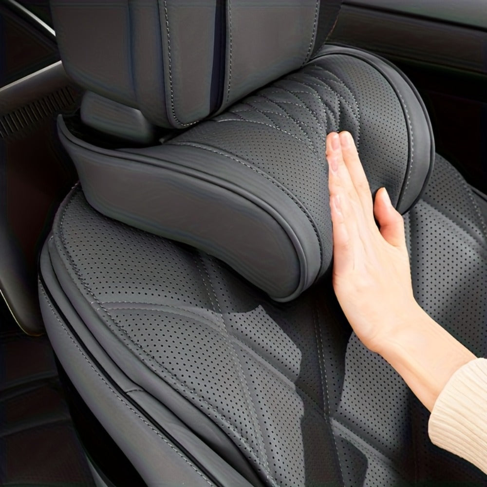 Car Neck Pillow Nappa Leather Headrest – Memory Foam Lumbar Support with Embroidery, All-Season Universal Car Interior Access