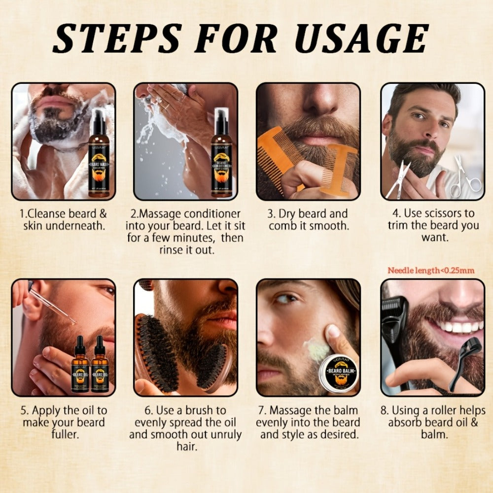 Beard Oil & Balm Grooming Kit for Men – 9-Piece Complete Beard Care Set with Conditioner Wash Brush Comb Clippers Travel Pouc