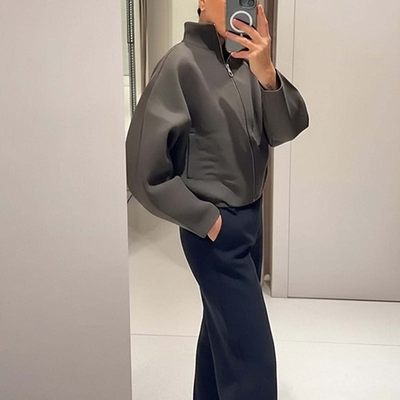 Solid Color Casual Stand Collar Zip Loose Jacket Coat Women
