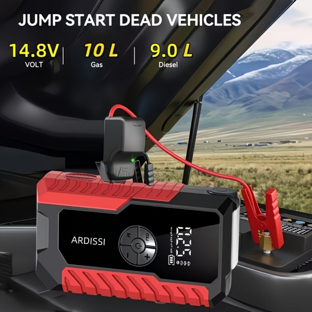 5-in-1 Jump Starter 5000A Peak – 10000mAh Power Bank, 150PSI Air Inflator, Type-C & LED Emergency Light for 12V Gas & Diesel 