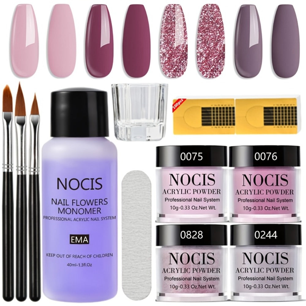 Acrylic Nail Kit NOCIS Four 10g Pink, Mauve and Glitter Powders with Liquid Monomer, Three Brushes and File — image 3