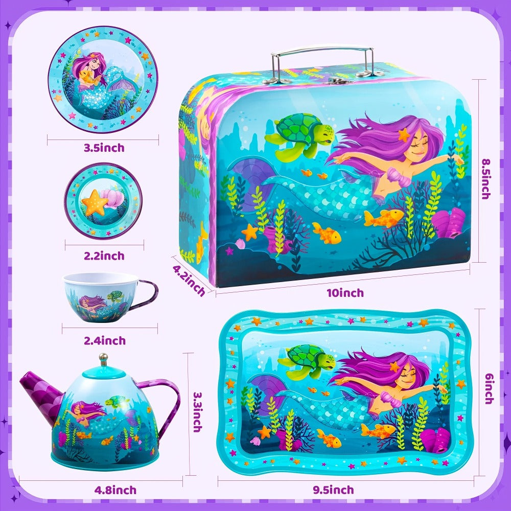 Mermaid Tea Party Set for Girls 21pcs, Tin Teapot, 4 Cups, Saucers, Plates & Carrying Case, Pretend Play Kitchen Toy for Todd
