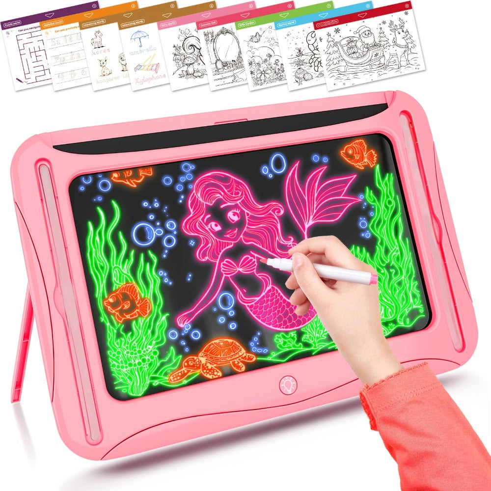 LED Light Up Drawing Board for Kids, 9 Double-Sided Tracing Cards 6 Markers Glow Doodle Travel Art Toy for Girls Boys Ages 3-