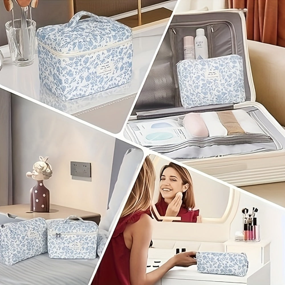 Quilted Makeup Bag Set 3 Pcs Floral Pattern Large Capacity Travel Cosmetic Organizer with Gold Zipper – Polyester Skincare To