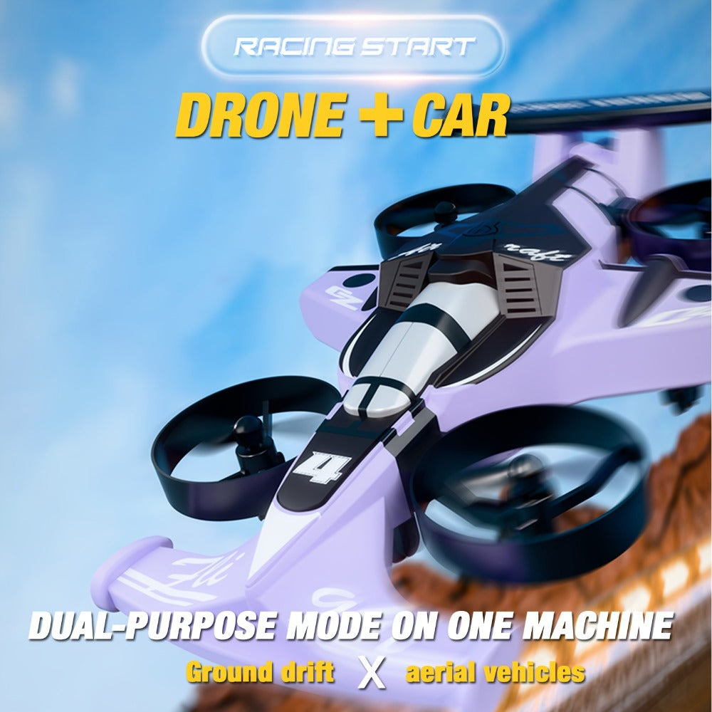 Two-in-One RC Drone and Ground Car with White Body, Two Batteries and Propeller Guards for Indoor Play — image 1