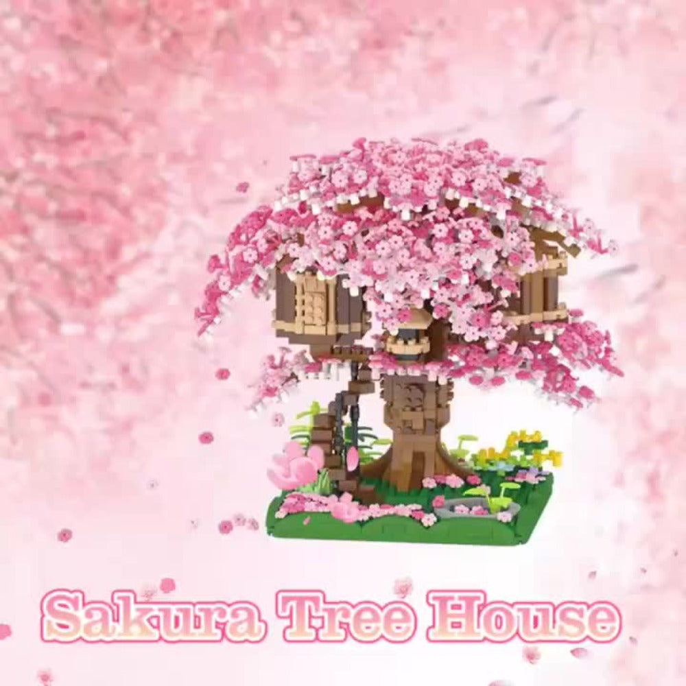 Building Block Set Cherry Blossom Tree House, 1020 or 2028 Micro Pieces with Pink Canopy and Base Display — image 12