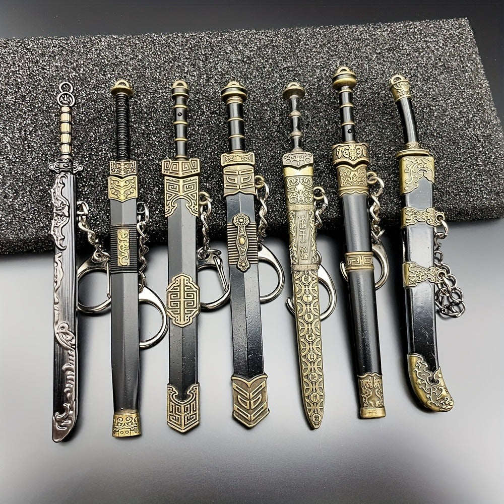 Seven-Piece Miniature Metal Sword Replica Set with Sheaths, Keychains and Ancient-Inspired Display Designs — image 10