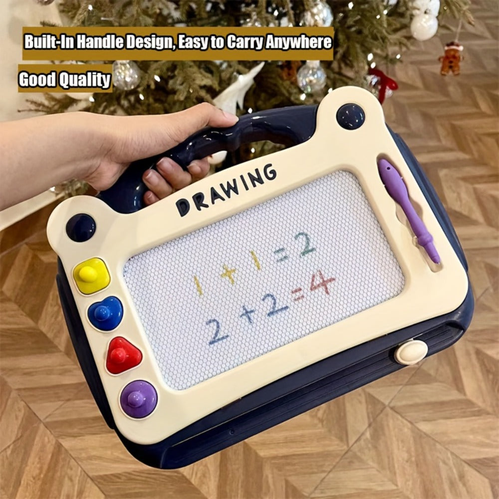 Portable Kids Magnetic Drawing Board with Four Shape Stamps, Tethered Stylus, Carry Handle and Slide Eraser — image 3