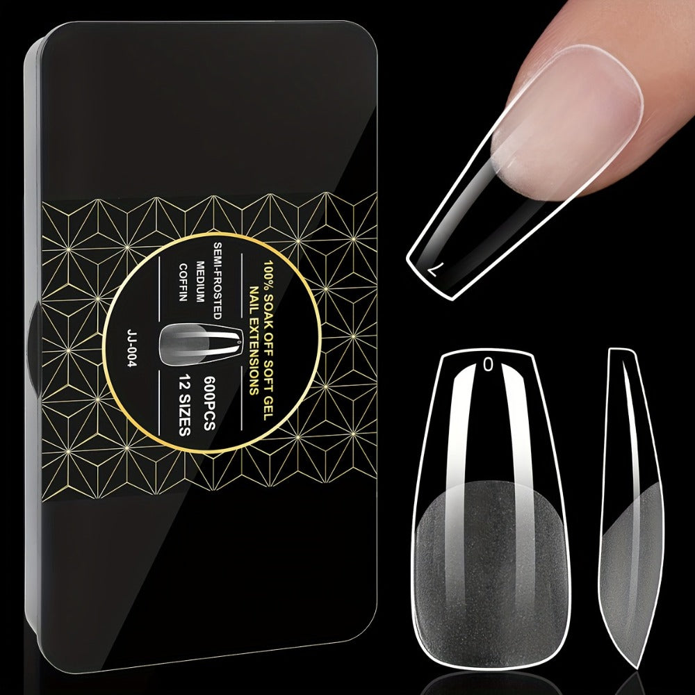 Gel Nail Tips 600 Pieces Clear Crystal Full Cover Nail Extensions – Almond Oval Coffin Stiletto Square Short Medium Long Soft