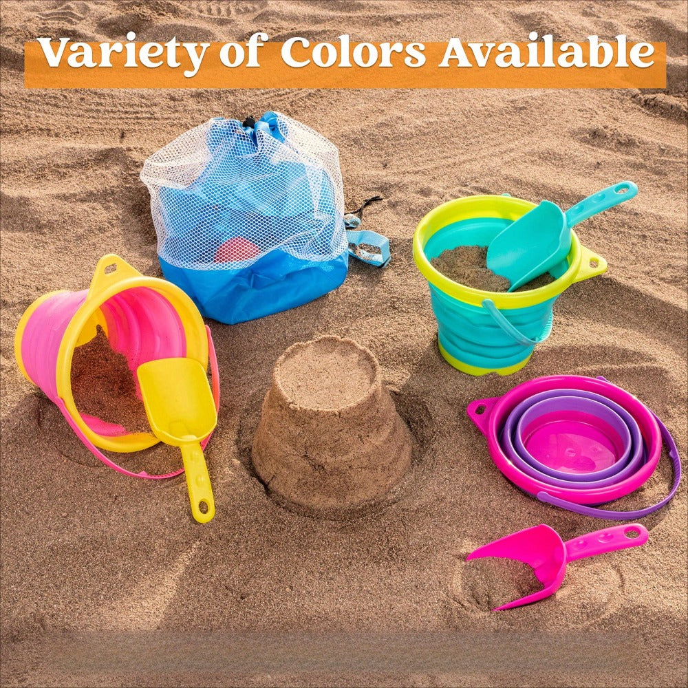 Collapsible Beach Bucket Set 3-Pack with Shovels & Mesh Backpack, Foldable Sand Pail Kit for Kids — image 2