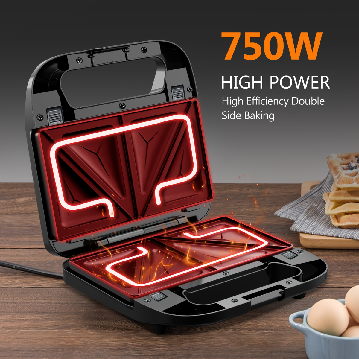 Sandwich Maker 3-in-1 Panini Press & Waffle Iron 750W with Removable Non-Stick Plates, Compact for Dorm — image 9