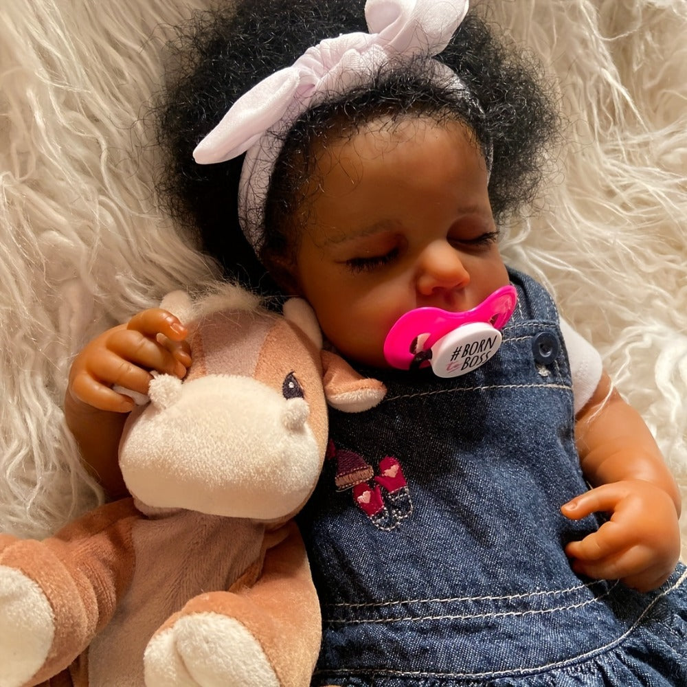 Reborn Baby Doll 19 Inch Curly Blue Hair with Sleeping Sounds Cloth Body & Lifelike Weight — image 6