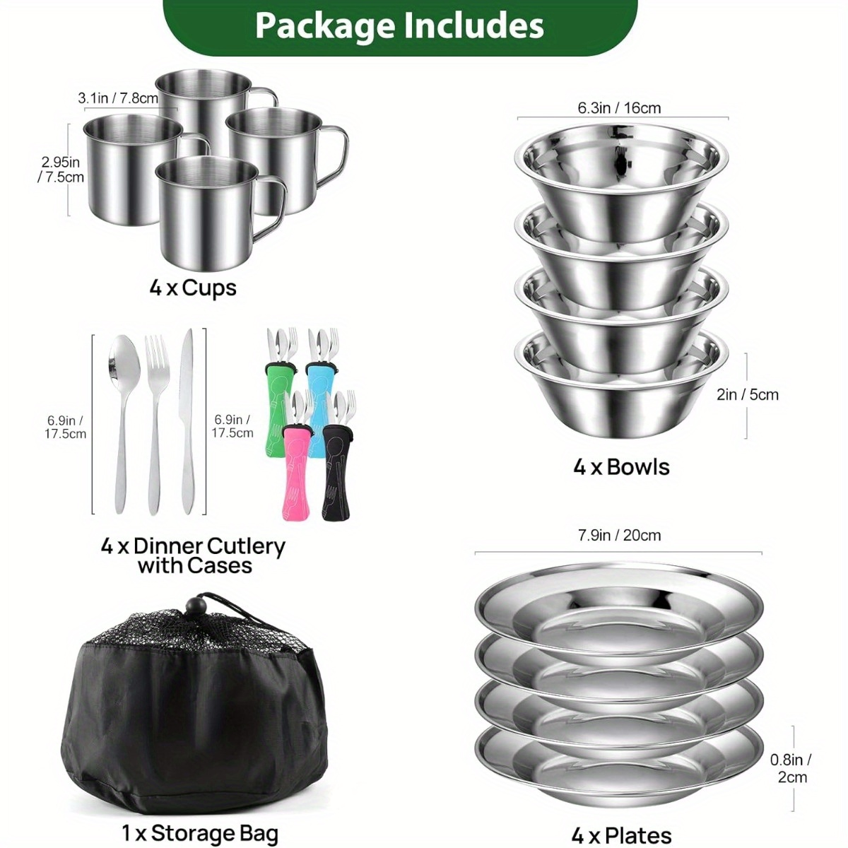 Stainless Steel Camping Mess Kit 29 Piece Dinnerware Set – Plates Bowls Mugs Cutlery, for Camping, Travel and Outdoor Use — i