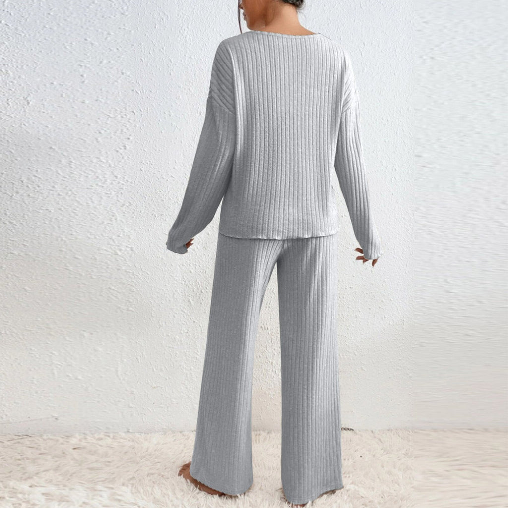Long Sleeve V-neck Knitted Sunken Stripe Brushed Loose Leisure Suit
