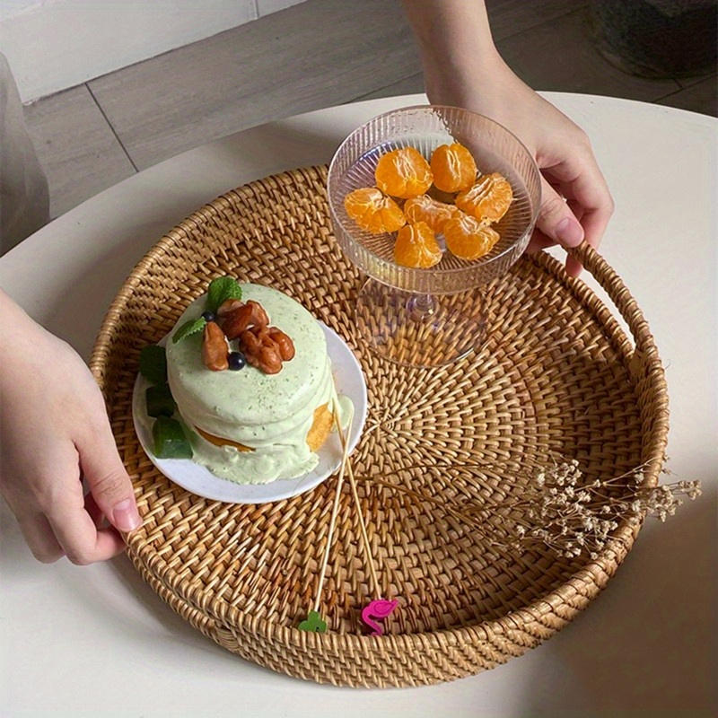 Serving Tray Basket – Hand-Woven Round Rattan Organizer for Fruits Bread Snacks, for Home Cooking, Dining and Outdoor Meals —
