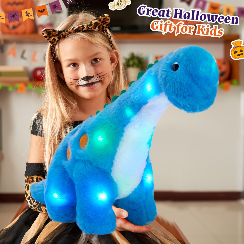 Plush Toy Blue Dinosaur with LED Glow and Optional Music for Colorful Interactive Display for Character Display, Room Decor a