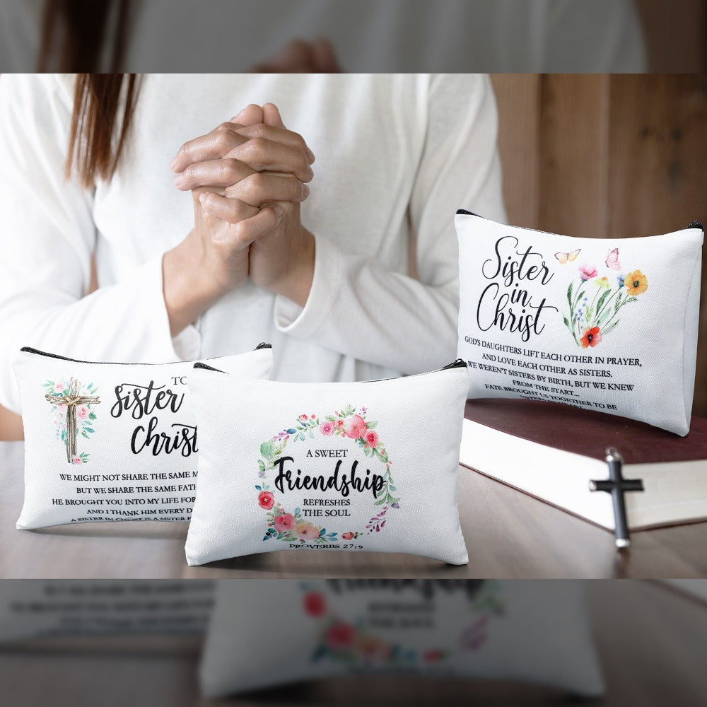 Twelve-Piece Faith-Themed Makeup Bag Set with Six Printed Designs, Mixed Colors and Black Zippers — image 3
