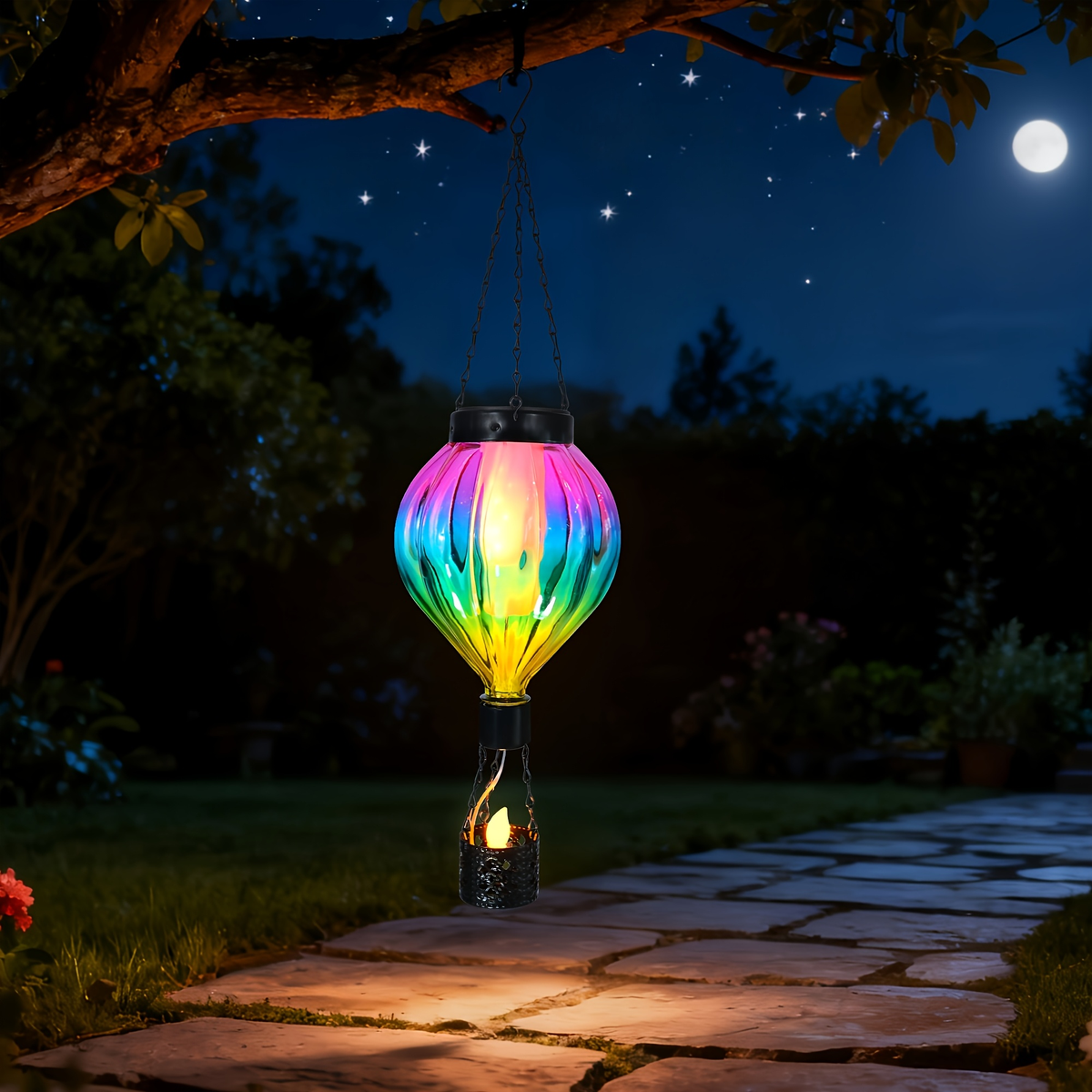 Solar Outdoor Lights Hot Air Balloon Hanging Lantern with Flame-Effect LED and Metal Frame for Garden Decor — image 6