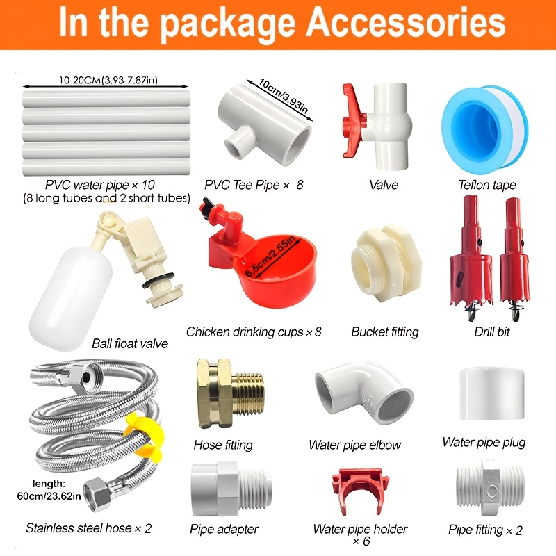Automatic Poultry Watering System Kit with 10 Red Cups, PVC Pipe Fittings, Regulator and Hose Connections — image 5