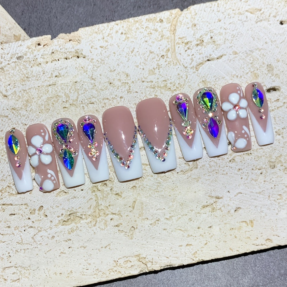Press On Nails 10-Piece Square French-Tip Set with Nude White Gloss, AB Rhinestones and Floral Design — image 5