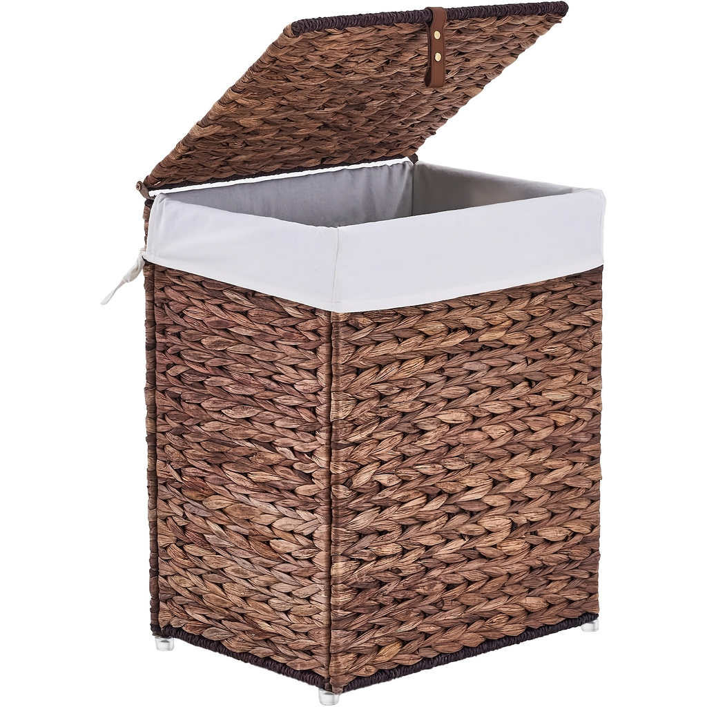 Laundry Basket with Lid & Handles – Handwoven Water Hyacinth Wicker Hamper, Removable Cotton Liner — image 4