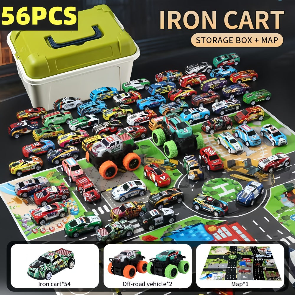 56 Pcs Mini Die-Cast Metal Car Set with 2 Stunt Cars, Play Mat & Storage Box - Friction Pull Back Toy Cars for Kids Boys Girl