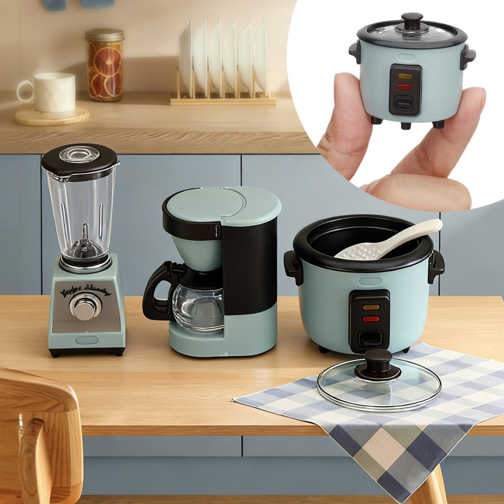 1:12 Scale Miniature Kitchen Appliance Set with Rice Cooker, Blender, Coffee Maker and 3-Piece Checkout — image 1