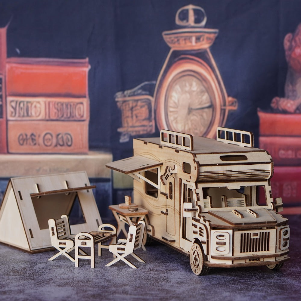 Wooden RV 3D Puzzle Model Kit with Motorhome Body, Fold-Out Side Panels and Miniature Camping Furniture — image 6