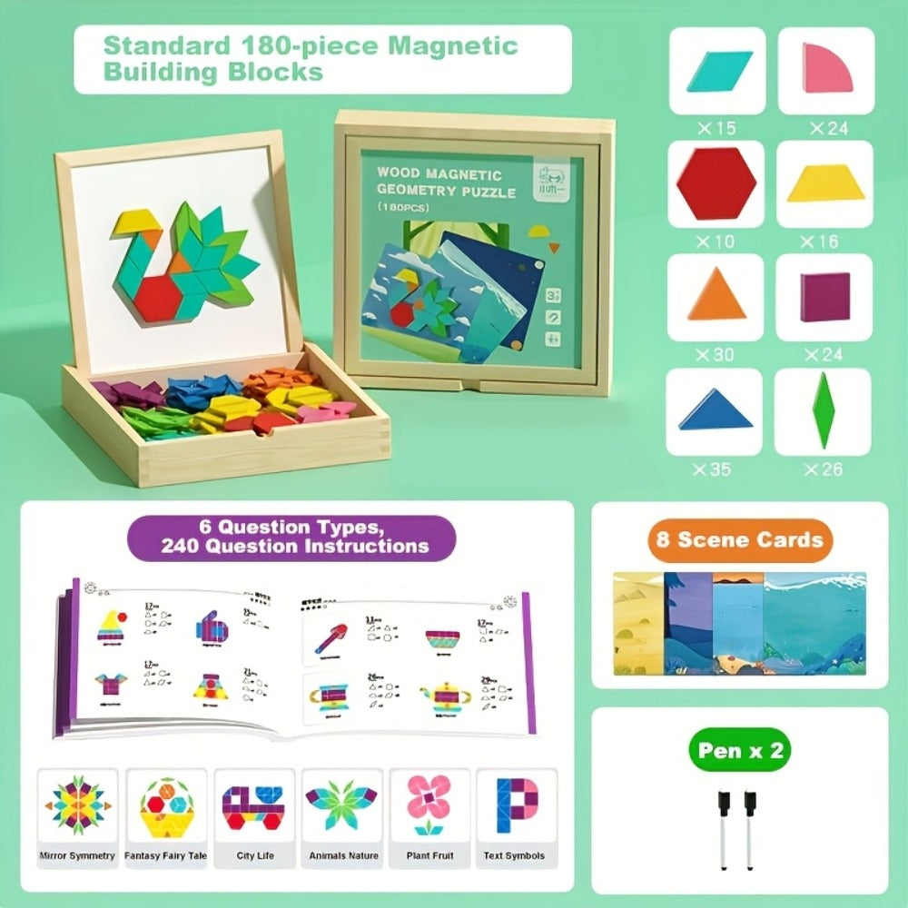 Magnetic Wooden Puzzle Board for Kids, 128/180/220/280 PCS Geometric Shape Recognition & Logical Thinking Toy — image 3