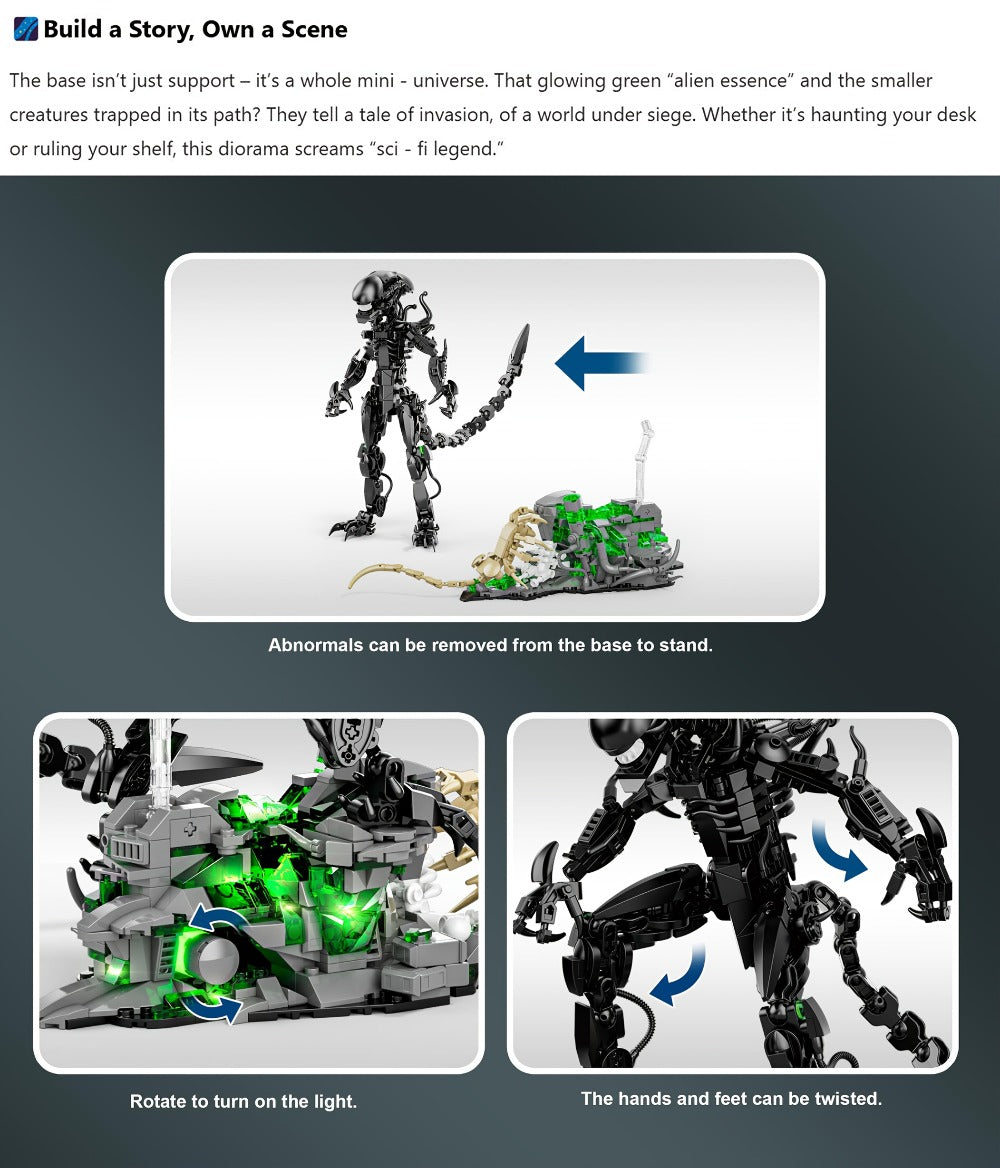Building Block Set Alien Beast with 958 Pieces, Articulated Black Figure, Scene Base and Long Tail — image 11