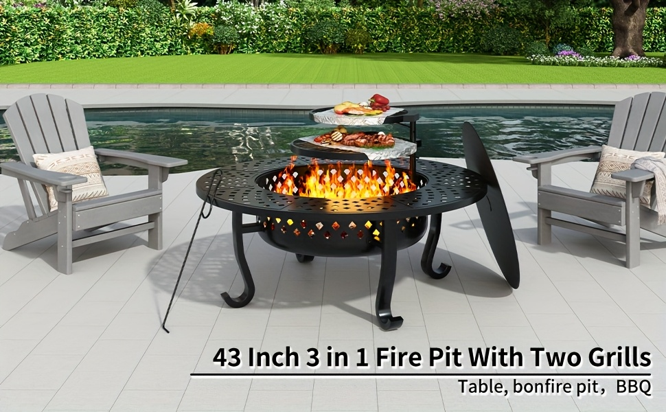 43-Inch Round Fire Pit Table with Two Cooking Grates, Center Lid, Perforated Bowl and Long Poker — image 8