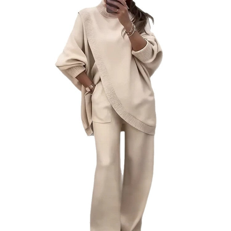Womens Solid-Color High-Neck Cross-Over Knit Top And Pants Two-Piece Set
