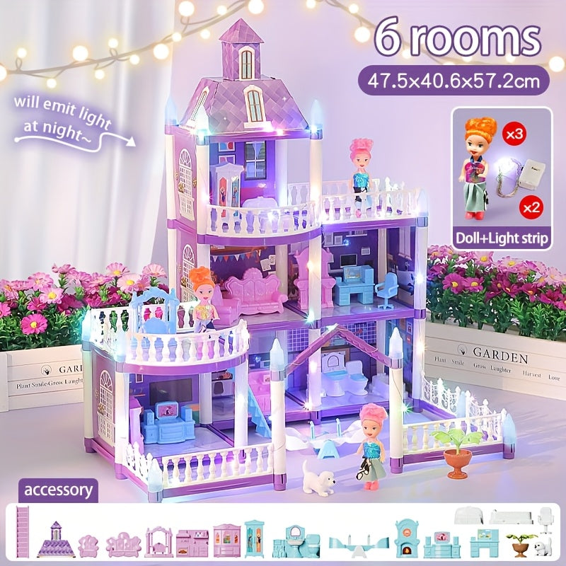 LED Dollhouse Playset for Girls, Purple Multi-Room Playhouse with Doll Figures, Puppies, Furniture & LED Lighting — image 34