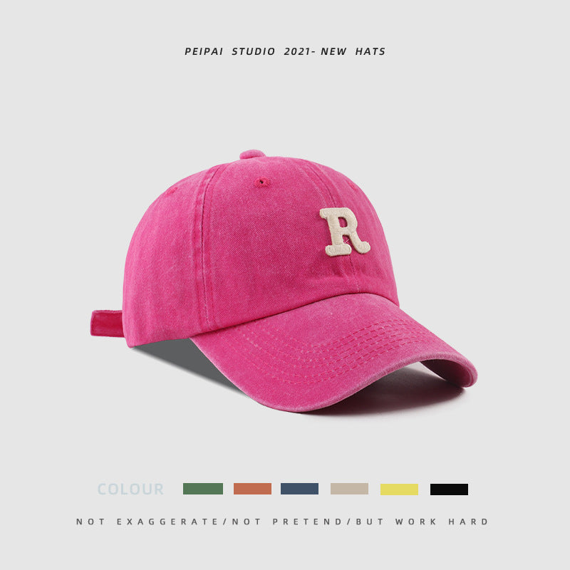Washed Letter R Stick Ball Cap Casual Patch Sun Hat