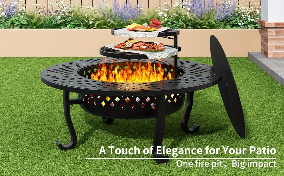 43-Inch Round Fire Pit Table with Two Cooking Grates, Center Lid, Perforated Bowl and Long Poker — image 9