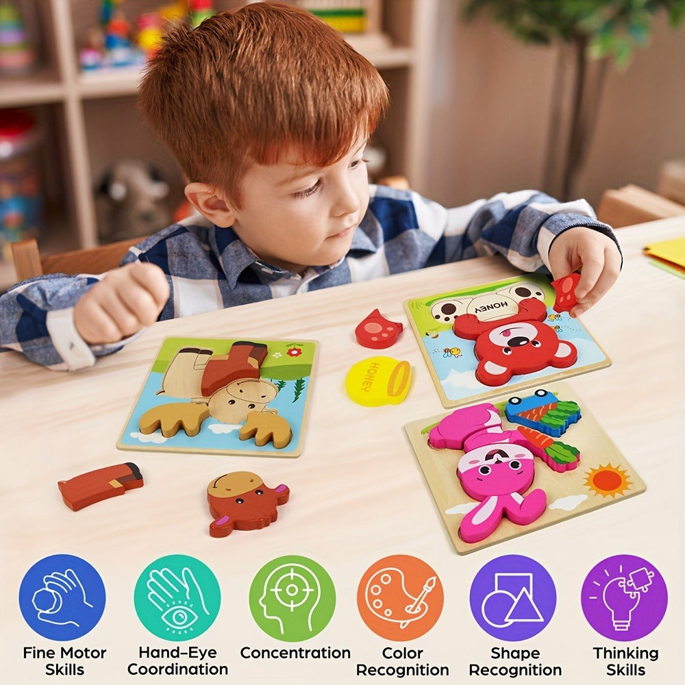 Baby Animal Wooden Puzzles for Toddlers 8 Pack, Infant Learning Toy 12 Months+, Bear Bunny Owl Frog Bee Duck Moose Raccoon — 