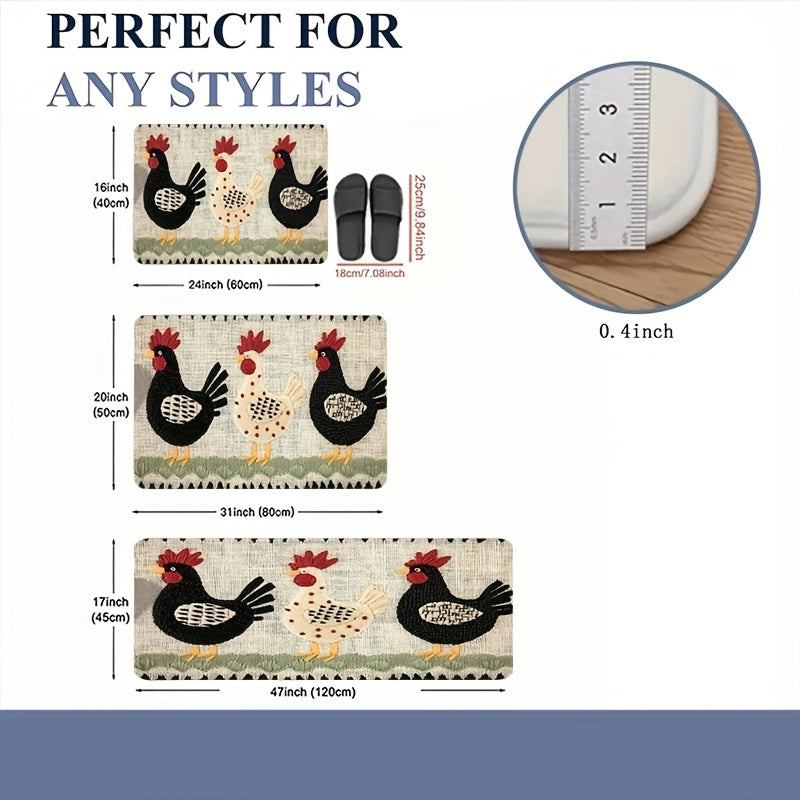 Rooster Print Door Mat with Light Striped Field and Fringed-Look Border in Three Rectangles or One Runner — image 2