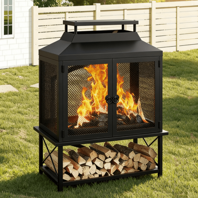 Outdoor Fireplace 39 Inch Rectangular Wood Burning Fire Pit with Grill, Spark Screen & Poker — image 1