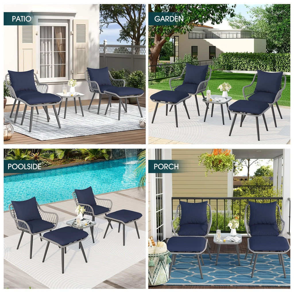 Five-Piece PE Rattan Patio Set with Two Chairs, Two Footstools, Round Glass Table and Gray-Blue Cushions — image 7